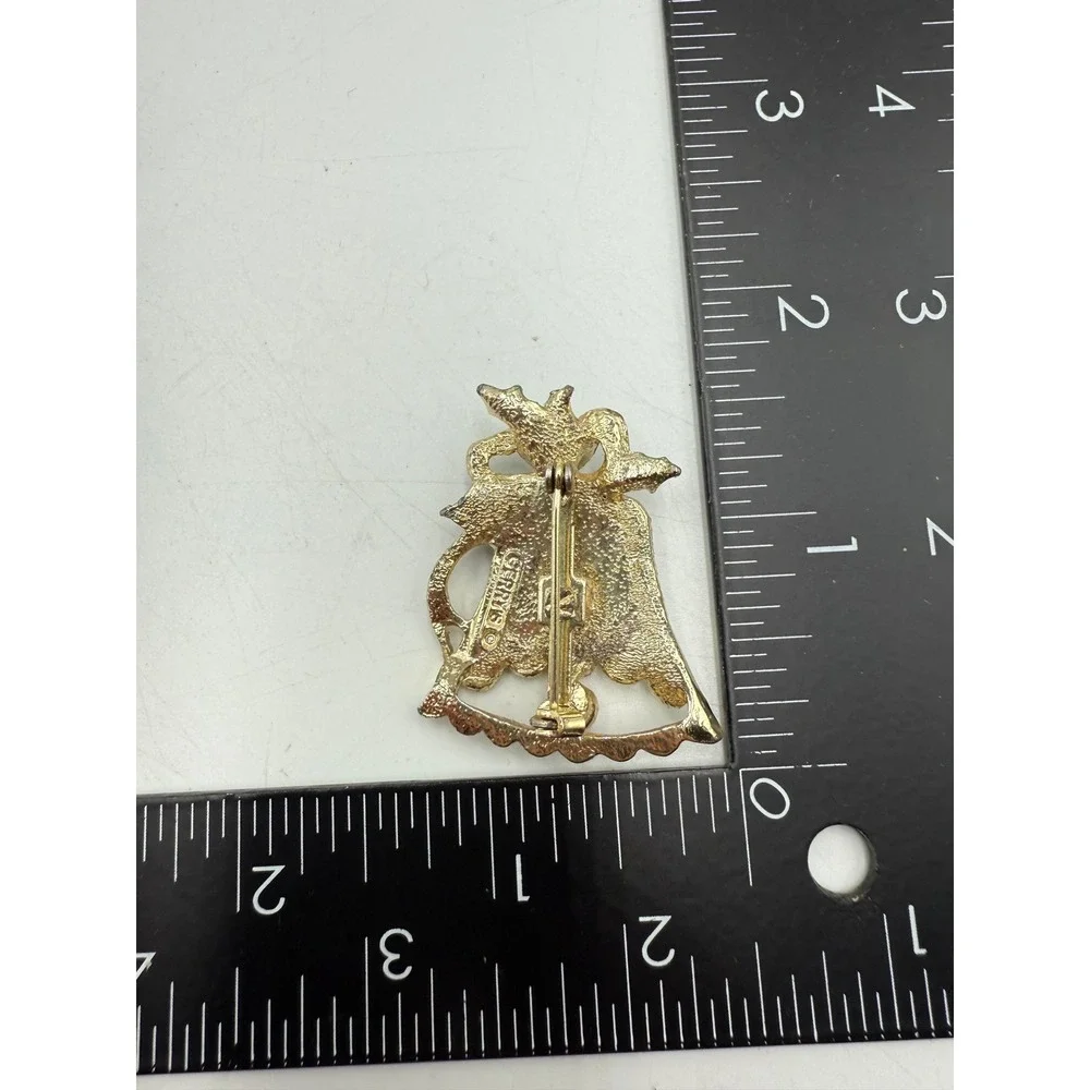 Vintage‎ Gerrys Christmas Bell Brooch Gold Tone Enamel Holly Holiday Pin Signed